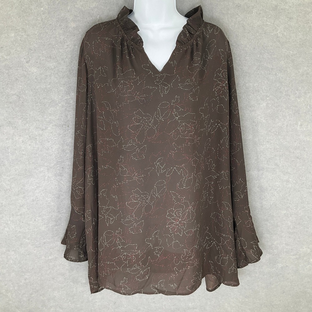 Belle Kim Gravel Top Sz 3X‎ Brown Floral Ruffle Neck Long Sleeve Office Mature